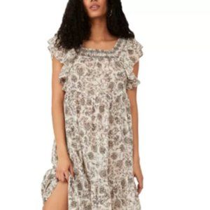 Free People Bonita Printed Midi Dress Floral Print Gauzy Ruffle Trim XS New
